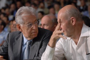 Pascal Lamy (WTO Managing Director) debating with Mario Monti (Prime Minister of Italy)